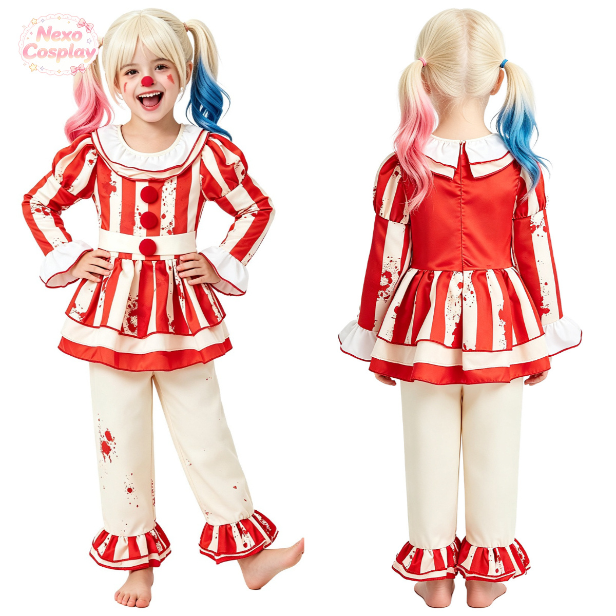 키즈 레드 화이트 스트라이프 공포 광대 정장 할로윈 코 - Anime Cosplay Kid 리뷰 및 가격